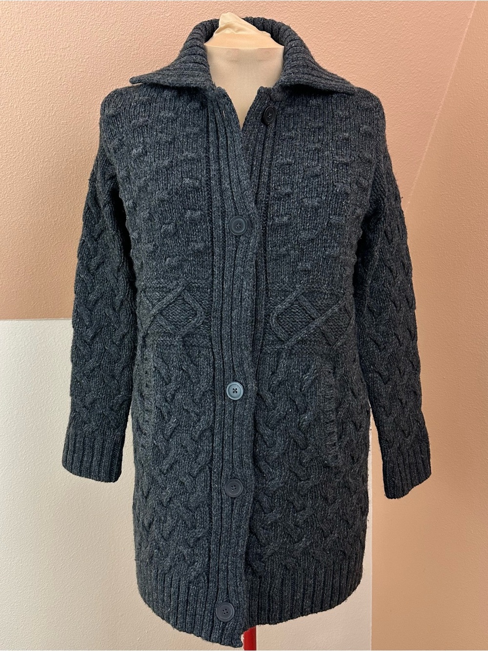 Jones New York Sport Cardigan Coatigan Women L Gray Wool Blend Chunky Cable Knit